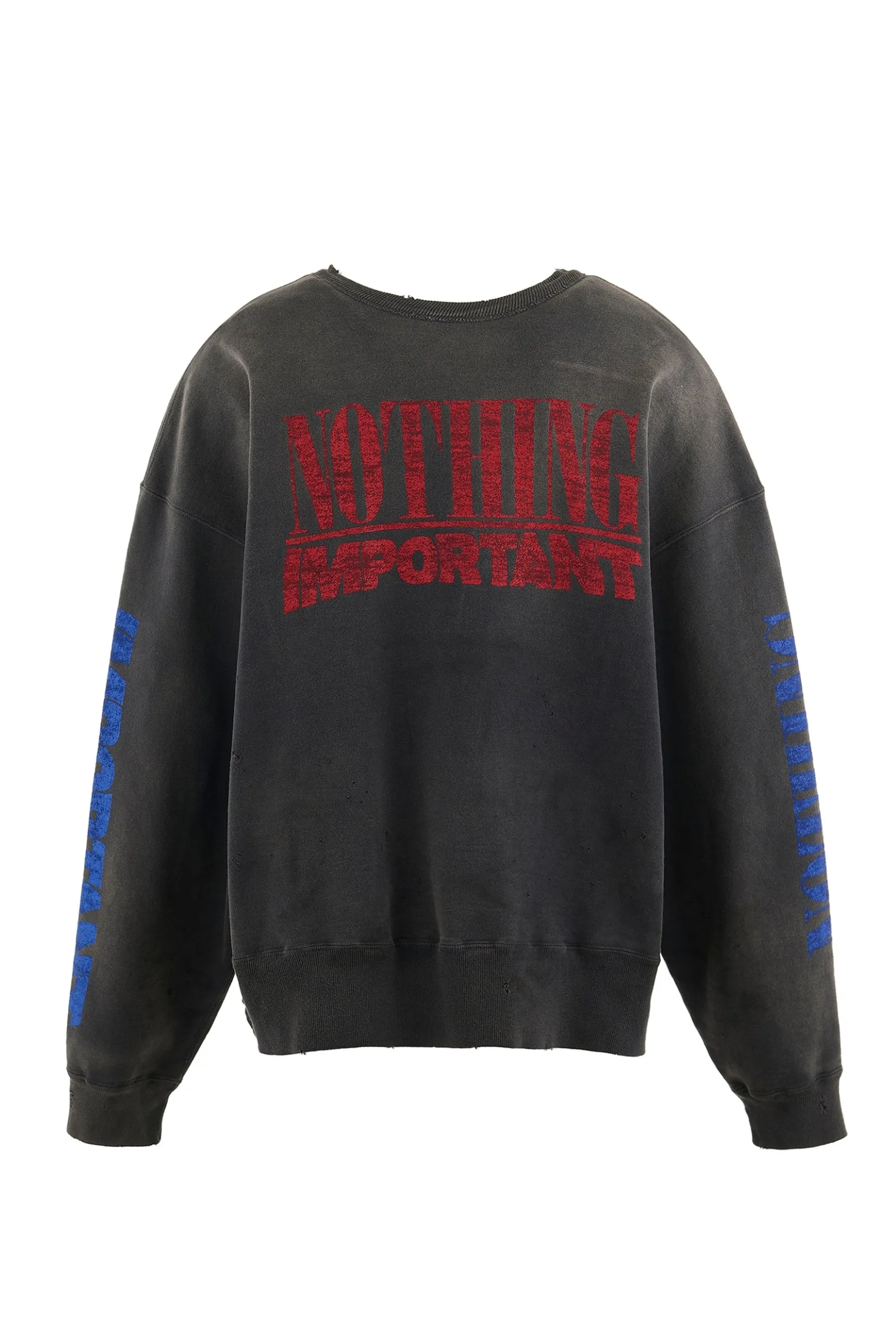 SAINT Mxxxxxx × Kosuke Kawamura KK_CRW SWT/NOTHNG IMP/BLK joint model Holy Infant Tadpole retro distressed sweatshirt, washed black S-XL Assute dyeing, genuine whole garment sprayed with horsetail fading process, collar/cuffs frayed in many places, front and rear panels/sleeves super complicated hanging grinding, heavy washing and distressing, correct fruit mark/angel mark